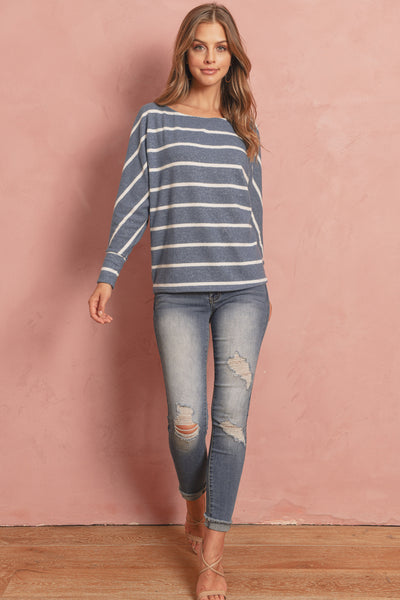 BRUSHED HACCI STRIPE DOLMAN TOP-TEAL/WHITE 1-1-0-4