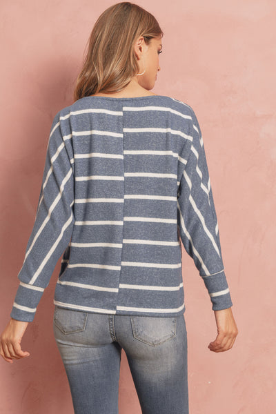 BRUSHED HACCI STRIPE DOLMAN TOP-TEAL/WHITE 1-1-0-4