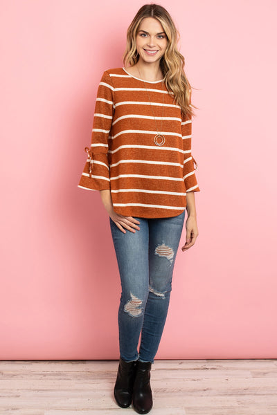 BELL SLEEVE RIBBON DETAIL STRIPE ROUND HEM TOP 1-2-2-2