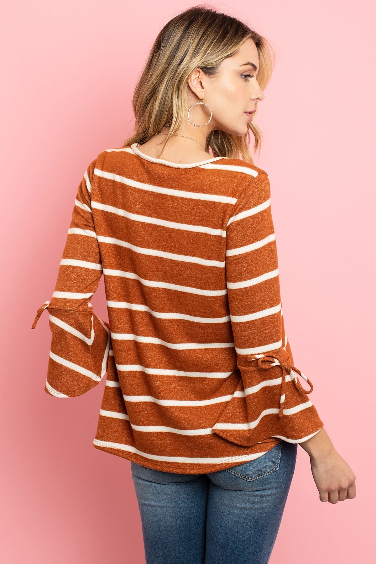 BELL SLEEVE RIBBON DETAIL STRIPE ROUND HEM TOP 1-2-2-2