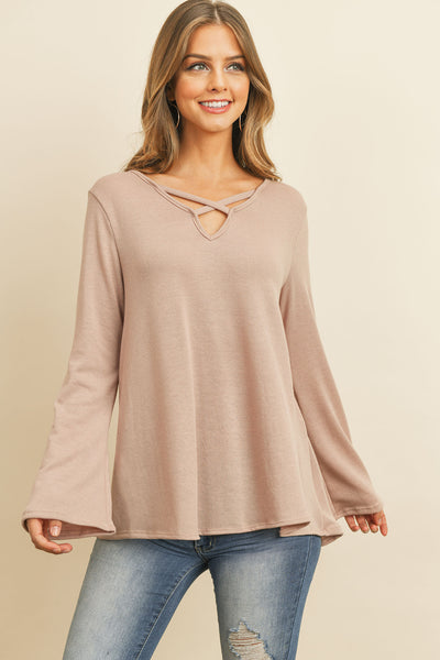 CRISS CROSS NECK LONG SLEEVE HACCI TOP- DUSTY BLUSH 1-3-2-1