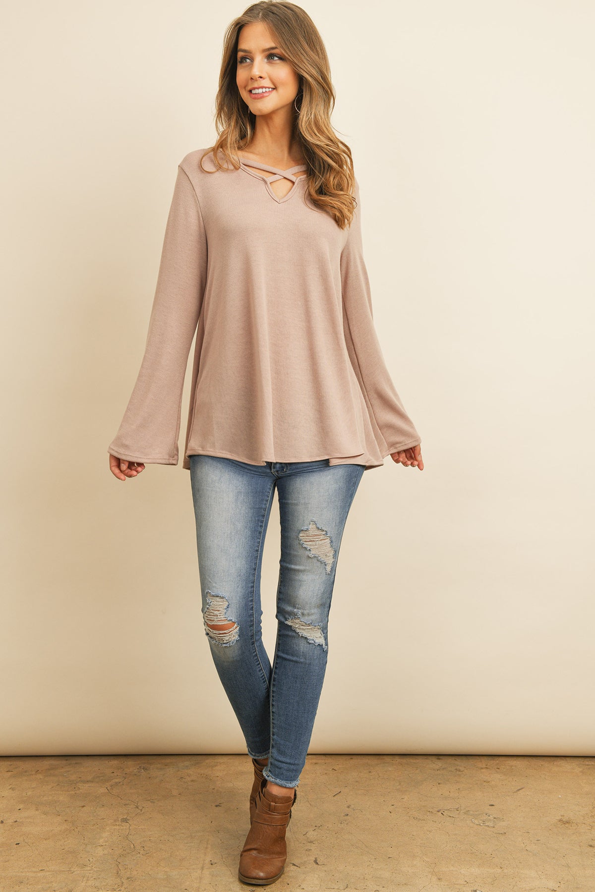 CRISS CROSS NECK LONG SLEEVE HACCI TOP- DUSTY BLUSH 1-3-2-1