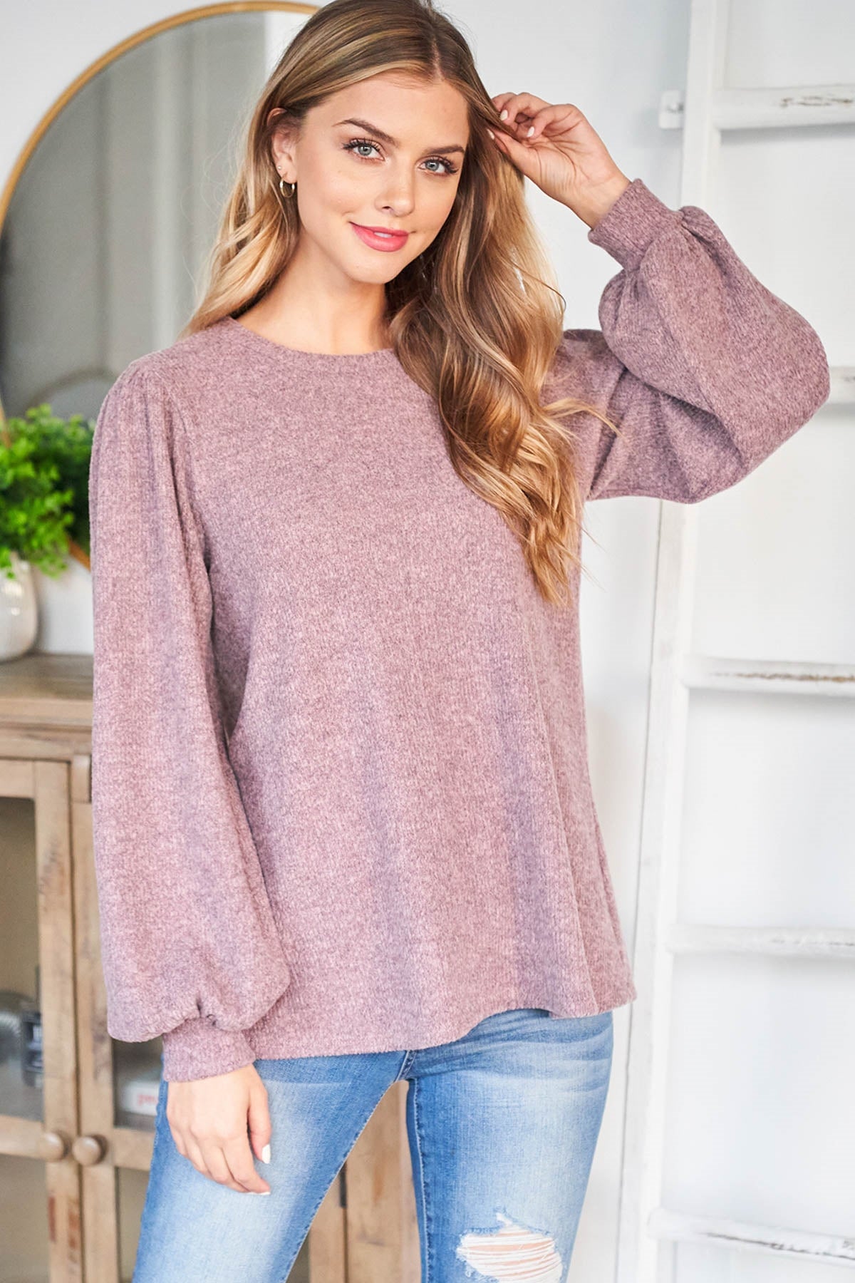 RIB DETAIL PUFF SLEEVED SOLID HACCI BRUSHED TOP 1-2-2-2