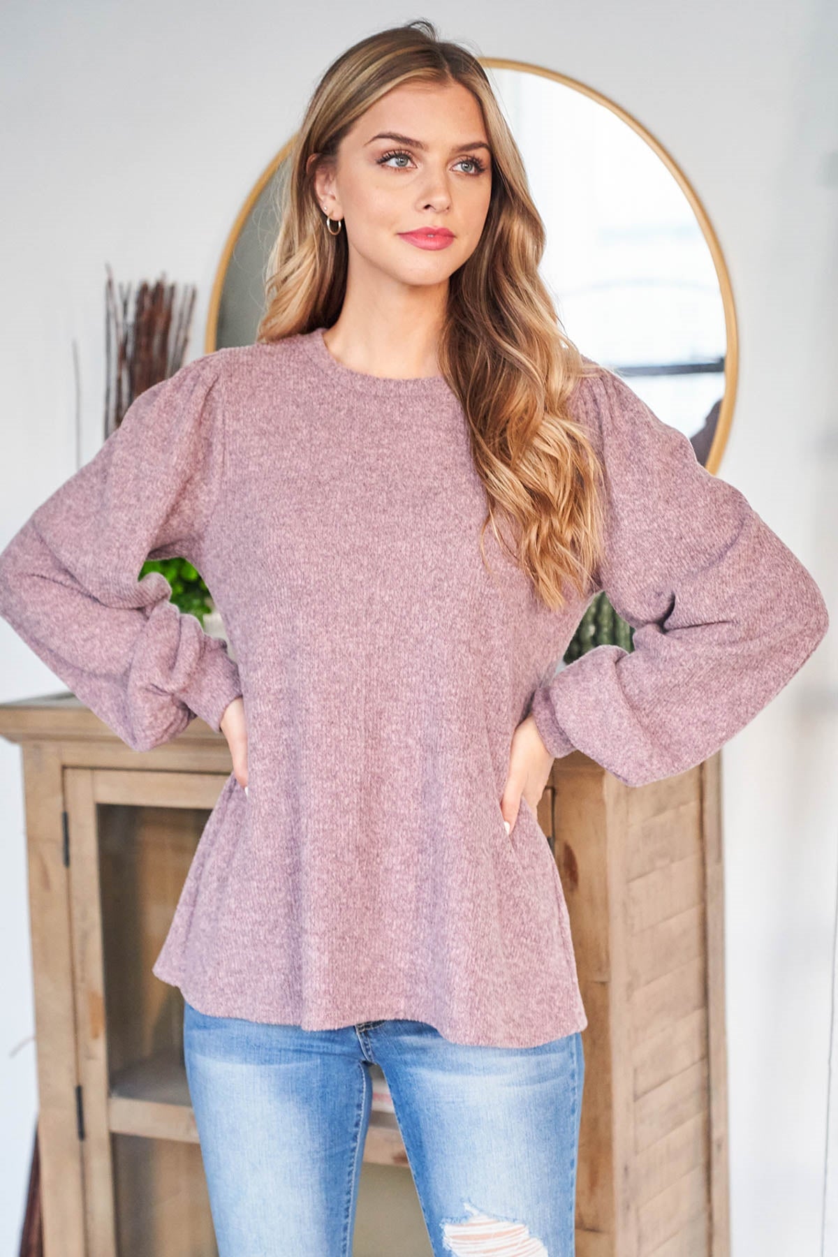 RIB DETAIL PUFF SLEEVED SOLID HACCI BRUSHED TOP 1-2-2-2