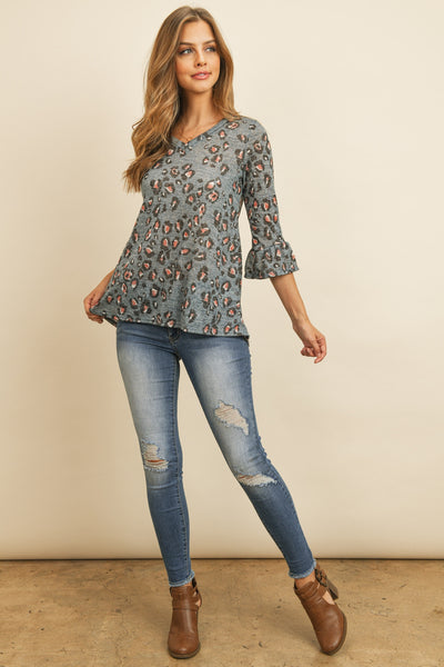 BELL SLEEVED LEOPARD PRINT SEMI-SHEER V-NECK TOP 1-2-2-2