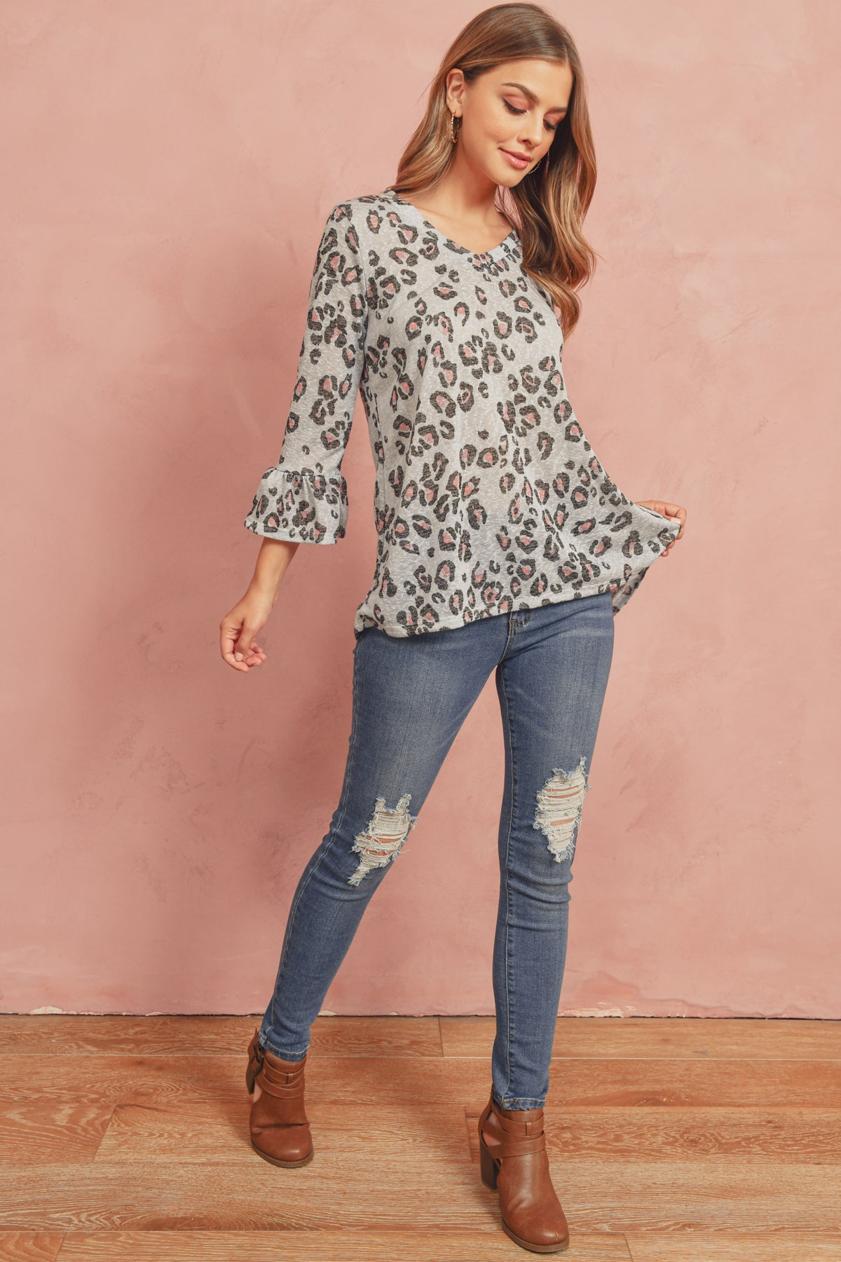 BELL SLEEVED LEOPARD PRINT SEMI-SHEER V-NECK TOP 1-2-2-2