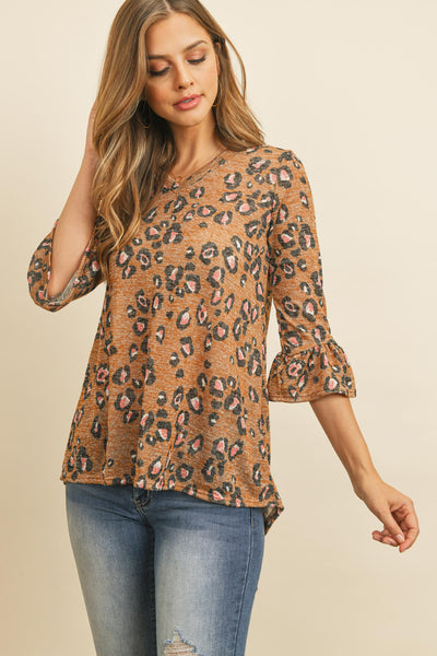 BELL SLEEVED LEOPARD PRINT SEMI-SHEER V-NECK TOP 1-2-2-2