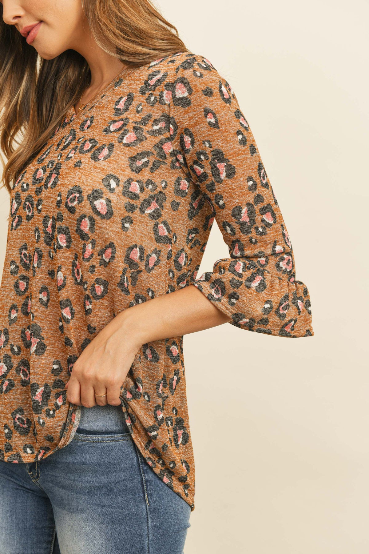 BELL SLEEVED LEOPARD PRINT SEMI-SHEER V-NECK TOP 1-2-2-2