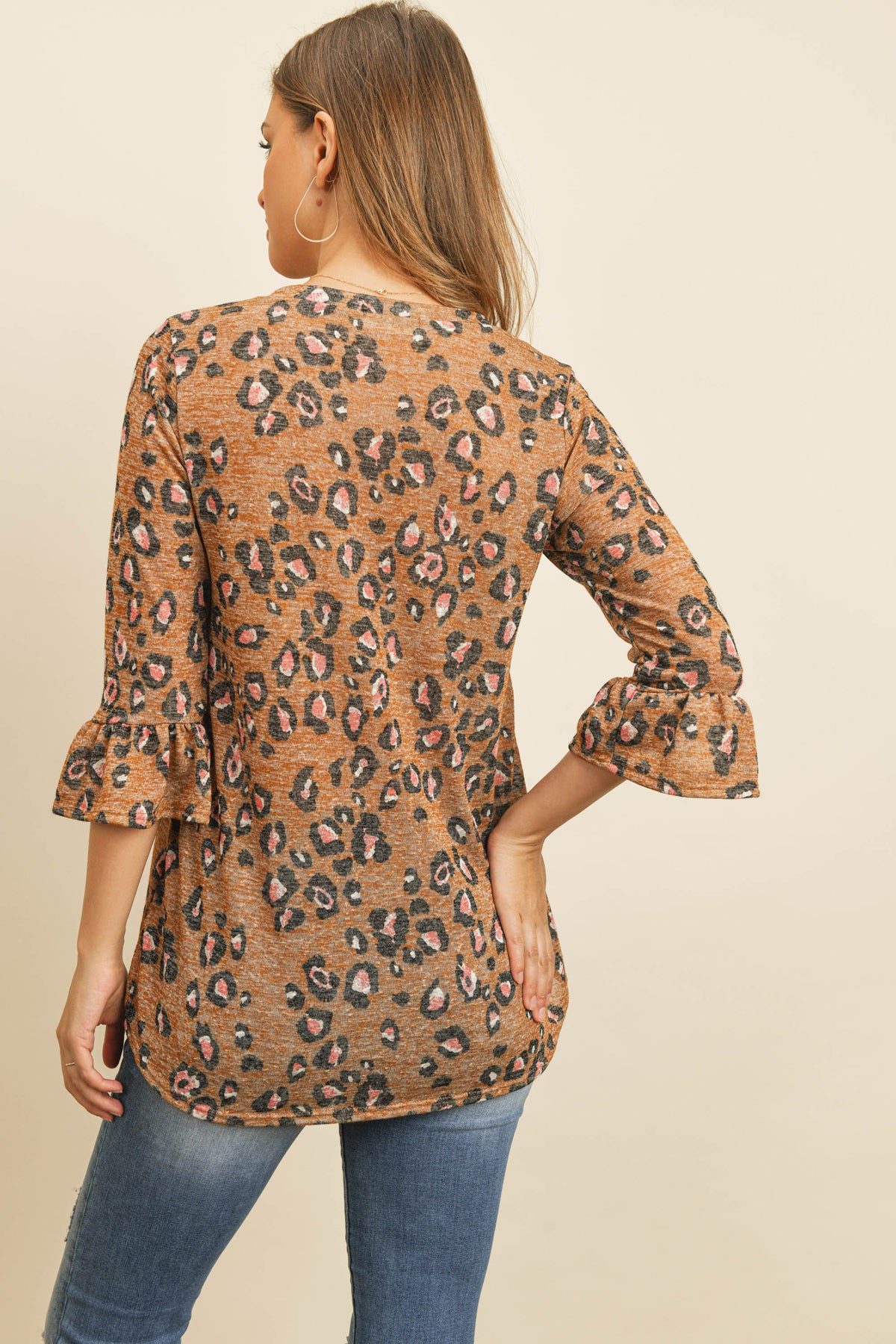 BELL SLEEVED LEOPARD PRINT SEMI-SHEER V-NECK TOP 1-2-2-2