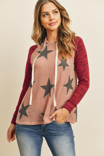 DARK MAUVE DARK BURGUNDY BRUSHED HACCI SLEEVE STAR PRINT HOODIE WITH DRAWSTRING SWEATER 1-2-2-2