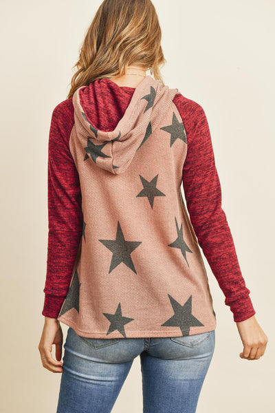 DARK MAUVE DARK BURGUNDY BRUSHED HACCI SLEEVE STAR PRINT HOODIE WITH DRAWSTRING SWEATER 1-2-2-2