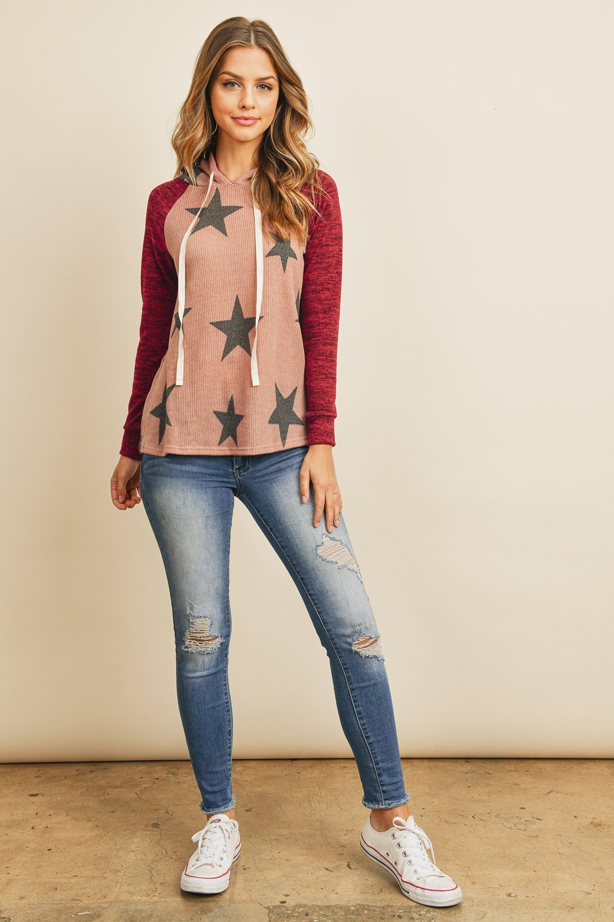 DARK MAUVE DARK BURGUNDY BRUSHED HACCI SLEEVE STAR PRINT HOODIE WITH DRAWSTRING SWEATER 1-2-2-2