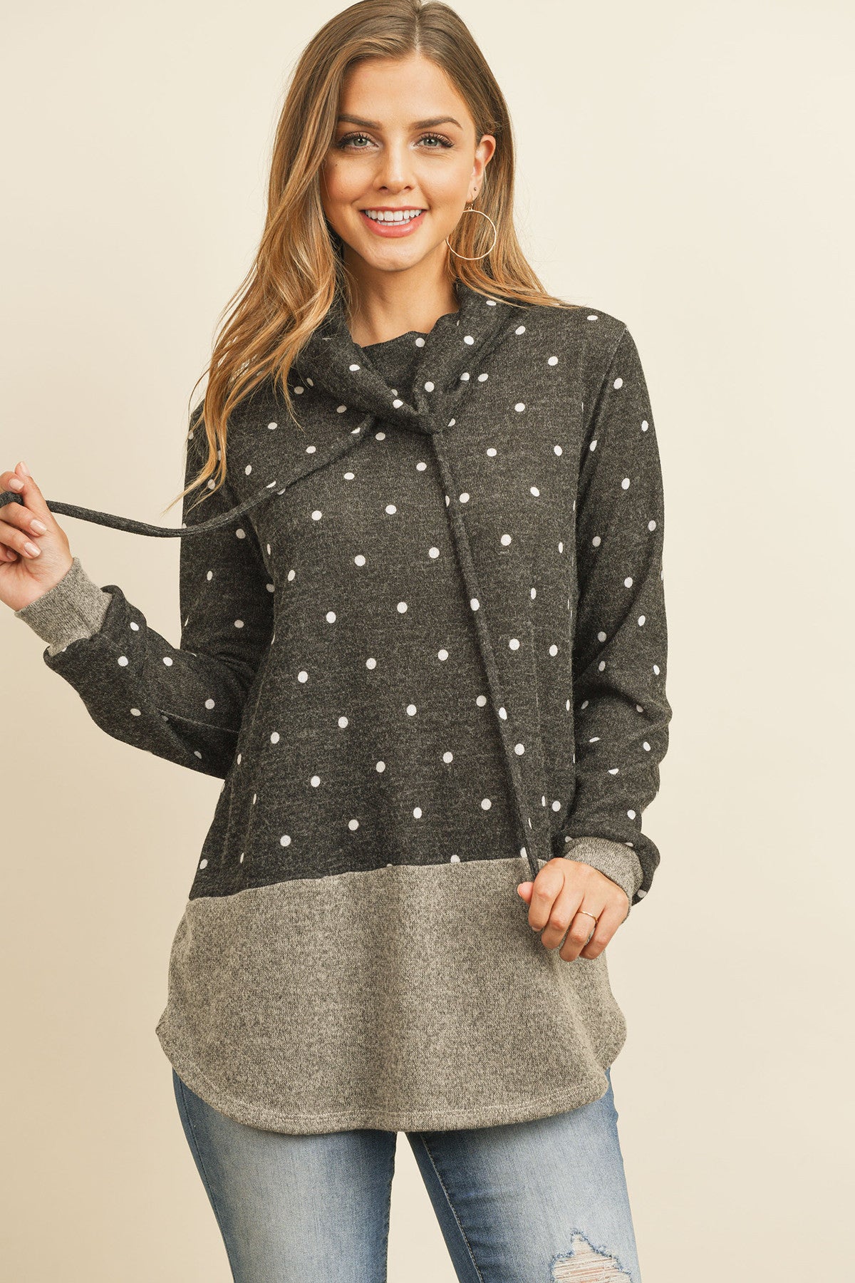 SELF TIE POLKA DOT KNIT BOTTOM CONTRAST HOODIE  1-2-2-2