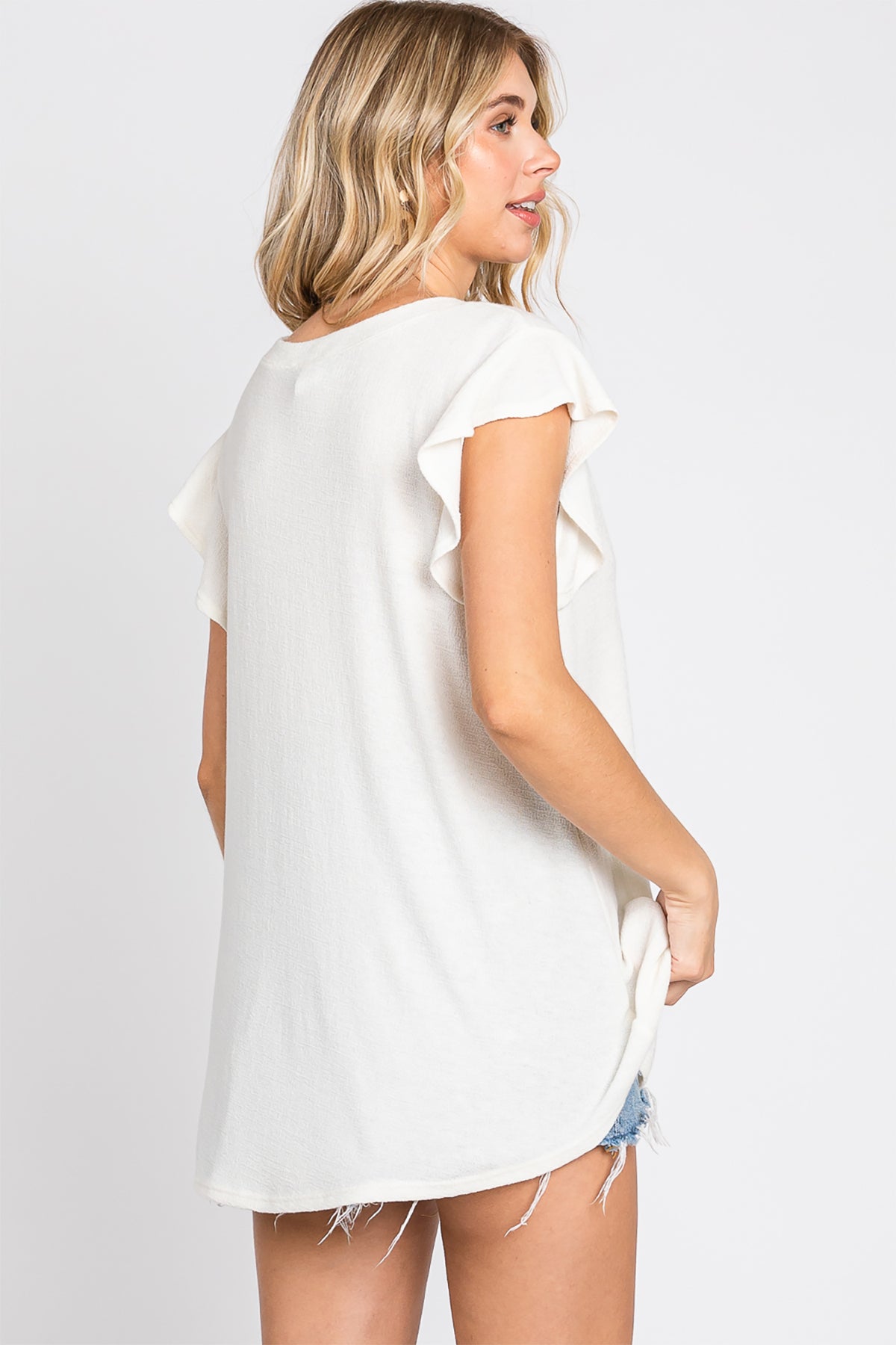 KNOTCH NECKLINE SHORT SLEEVE TOP- OFF WHITE 1-2-2-1