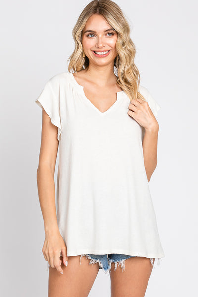 KNOTCH NECKLINE SHORT SLEEVE TOP- OFF WHITE 1-2-2-1