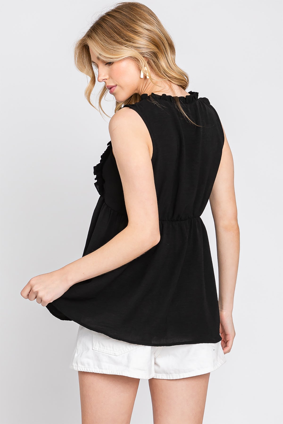 RUFFLE DETAIL SLEEVELESS TOP- BLACK 1-2-2-1