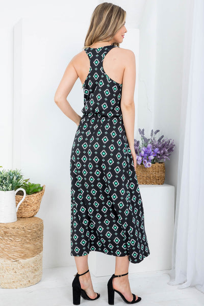 BLACK GREEN TRIBAL PRINT RACERBACK A-LINE SLEEVELESS DRESS 2-2-2