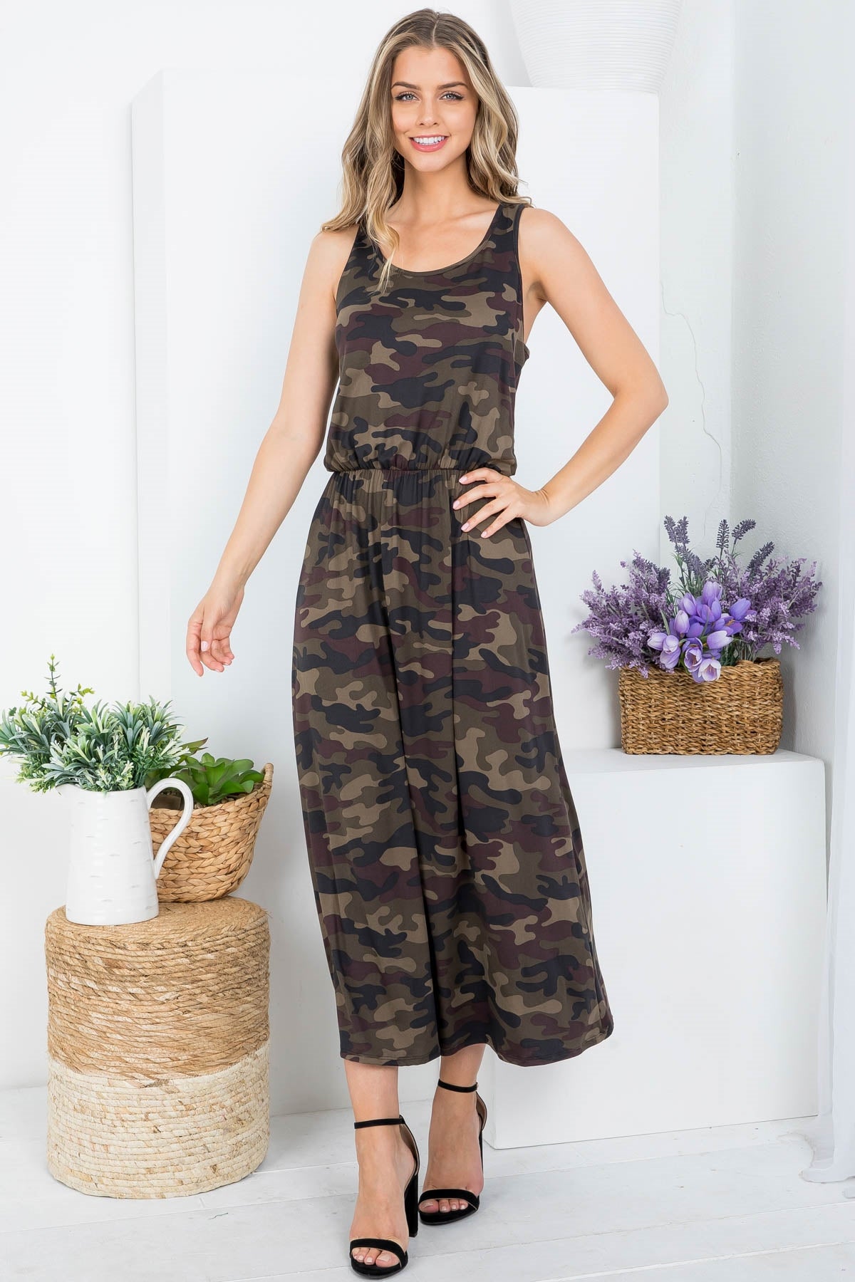 CAMOUFLAGE PRINT RACERBACK A-LINE SLEEVELESS DRESS 2-2-2