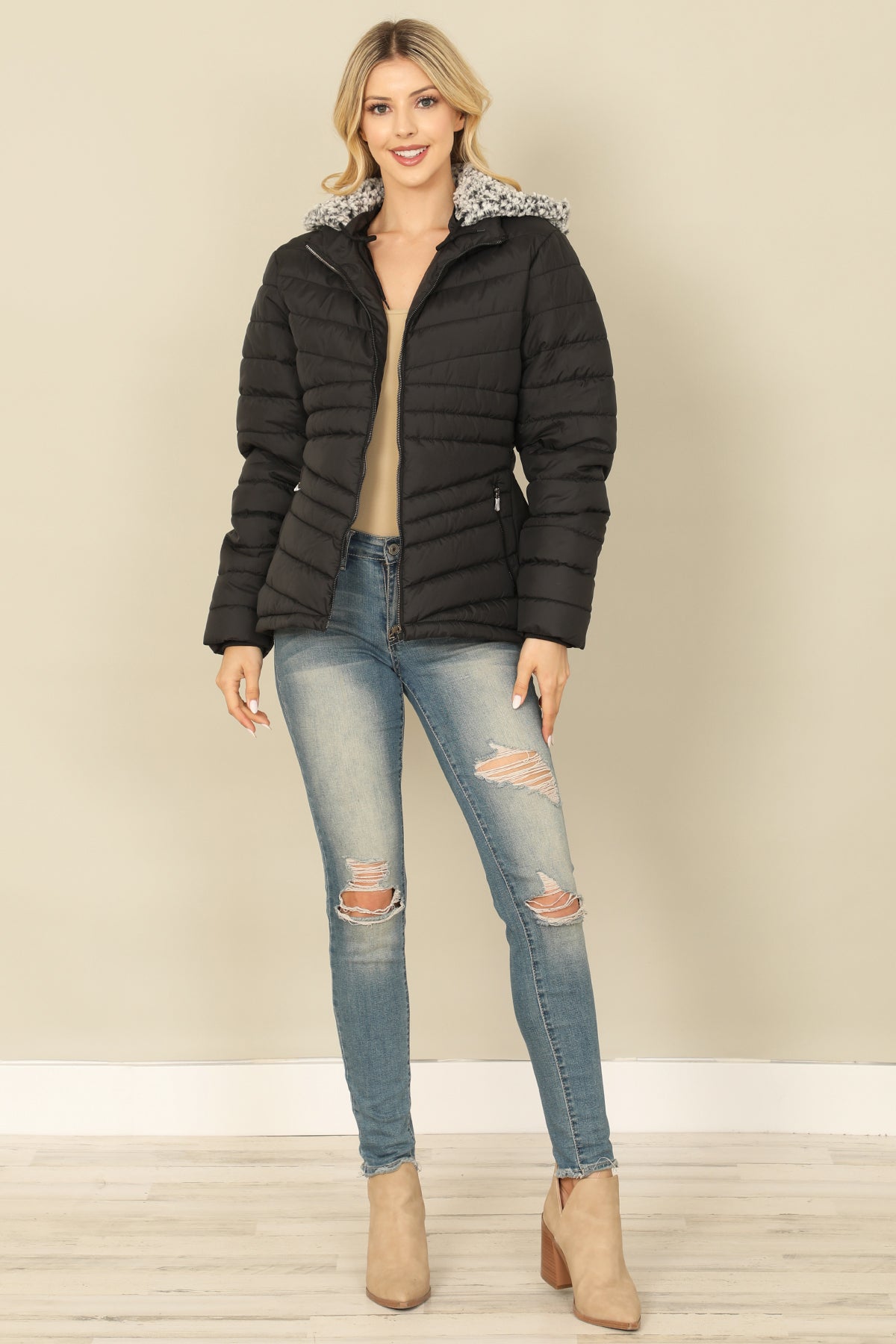 ZIP-UP WITH POCKET DETACHABLE WOOL HOODIE PUFFER JACKET 1-2-2-1