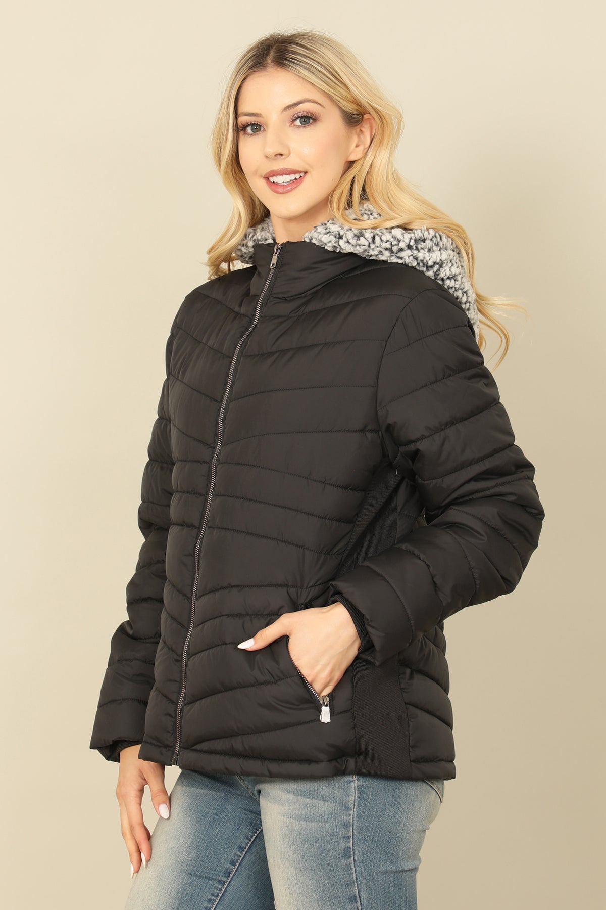 ZIP-UP WITH POCKET DETACHABLE WOOL HOODIE PUFFER JACKET 1-2-2-1