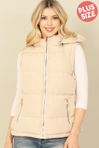 PLUS SIZE SLEEVELESS ZIP-UP WITH POCKET HOODIE PUFFER JACKET 1-1-1