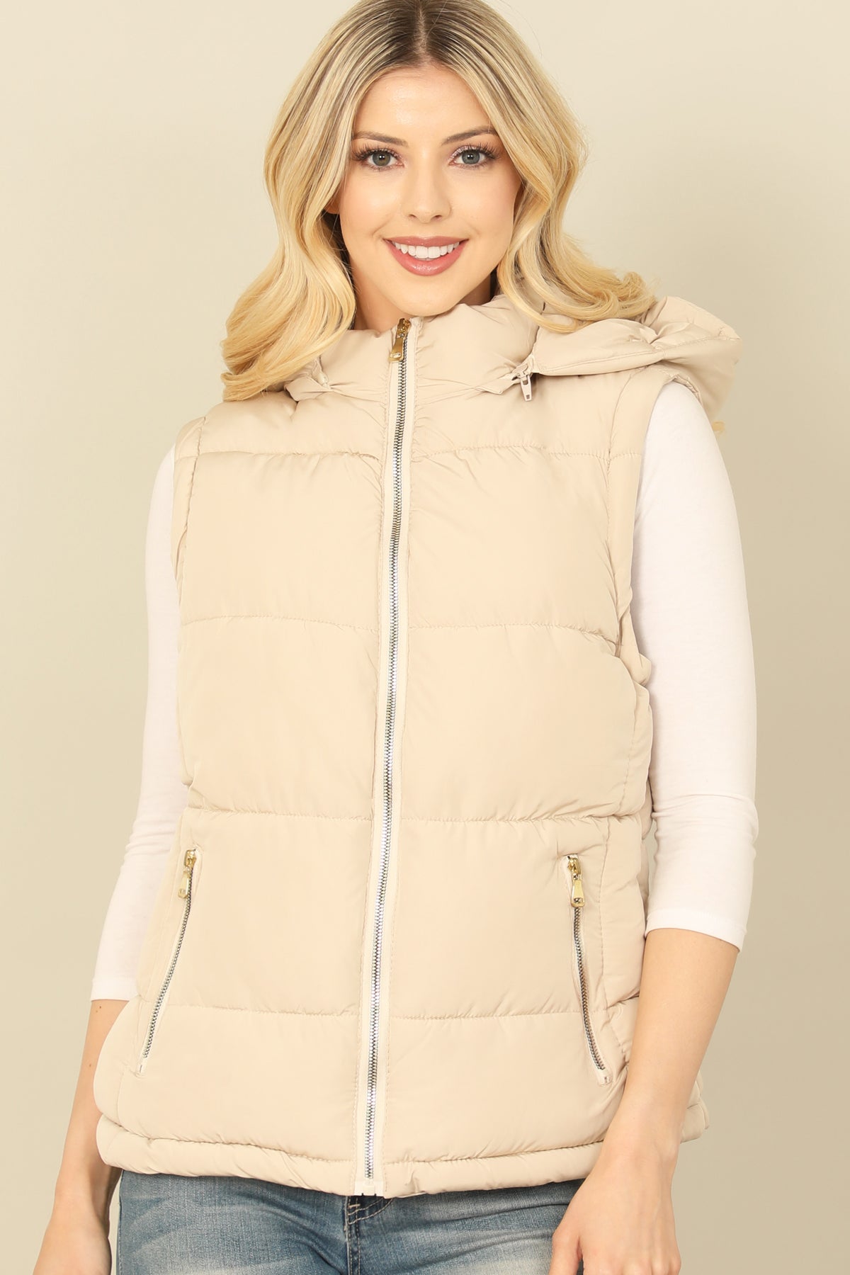 PLUS SIZE SLEEVELESS ZIP-UP WITH POCKET HOODIE PUFFER JACKET 1-1-1