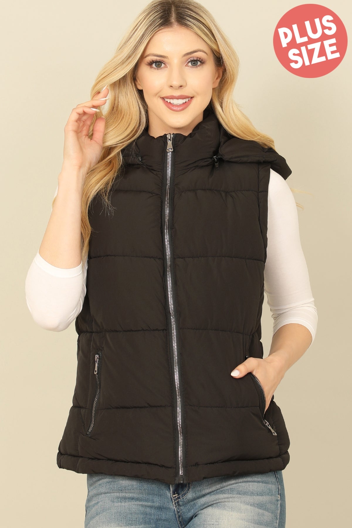 PLUS SIZE SLEEVELESS ZIP-UP WITH POCKET HOODIE PUFFER JACKET 1-1-1