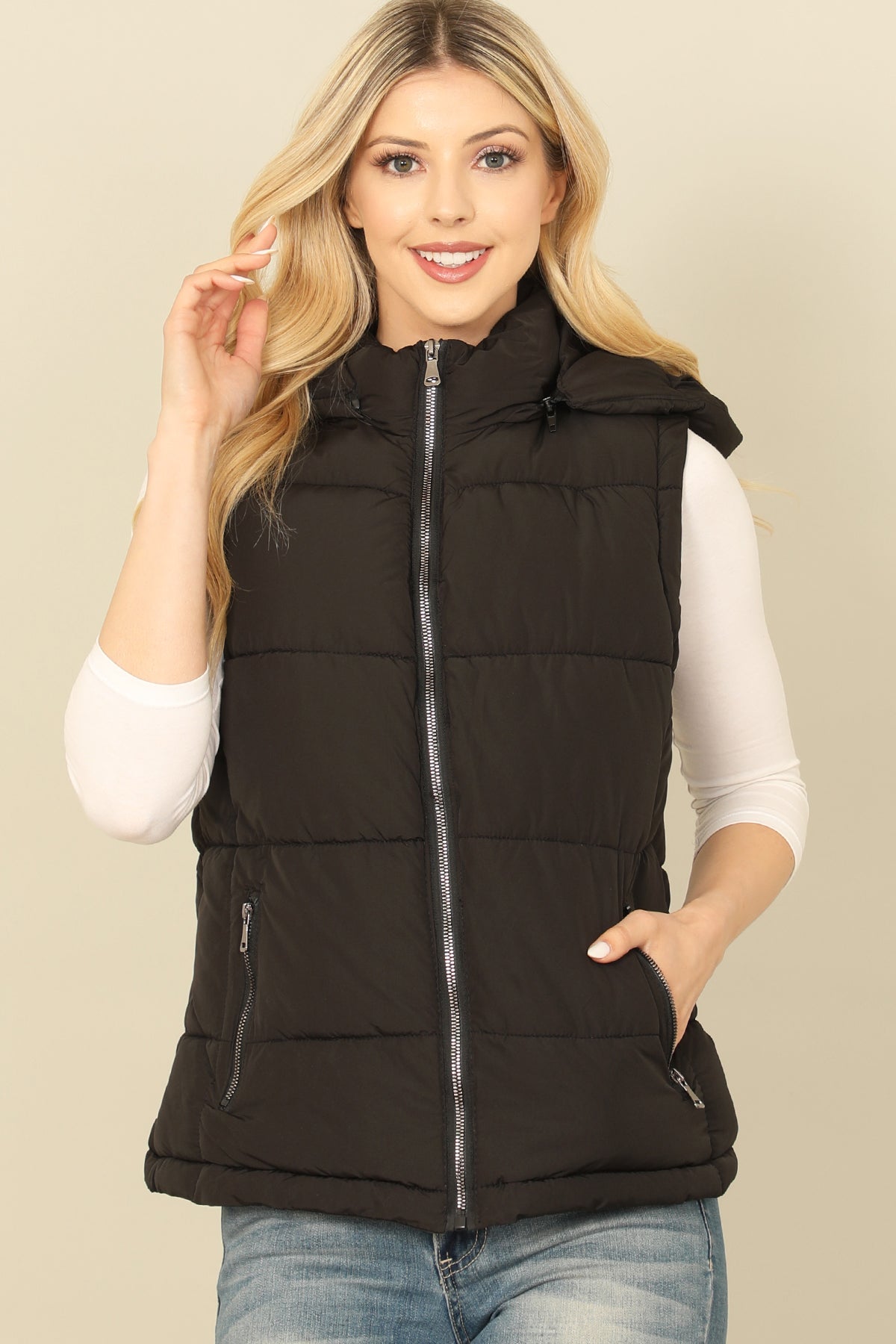 PLUS SIZE SLEEVELESS ZIP-UP WITH POCKET HOODIE PUFFER JACKET 1-1-1