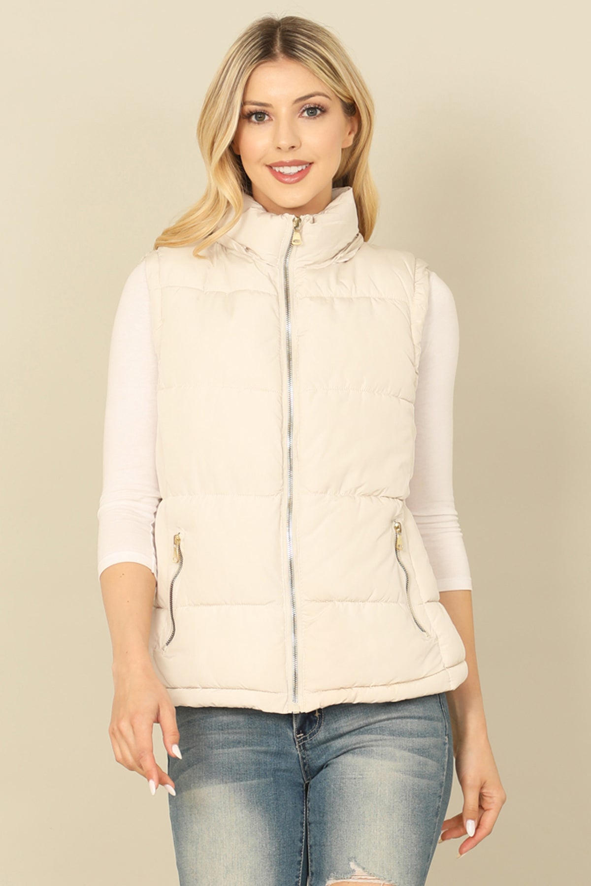 PLUS SIZE SLEEVELESS ZIP-UP WITH POCKET HOODIE PUFFER JACKET 1-1-1