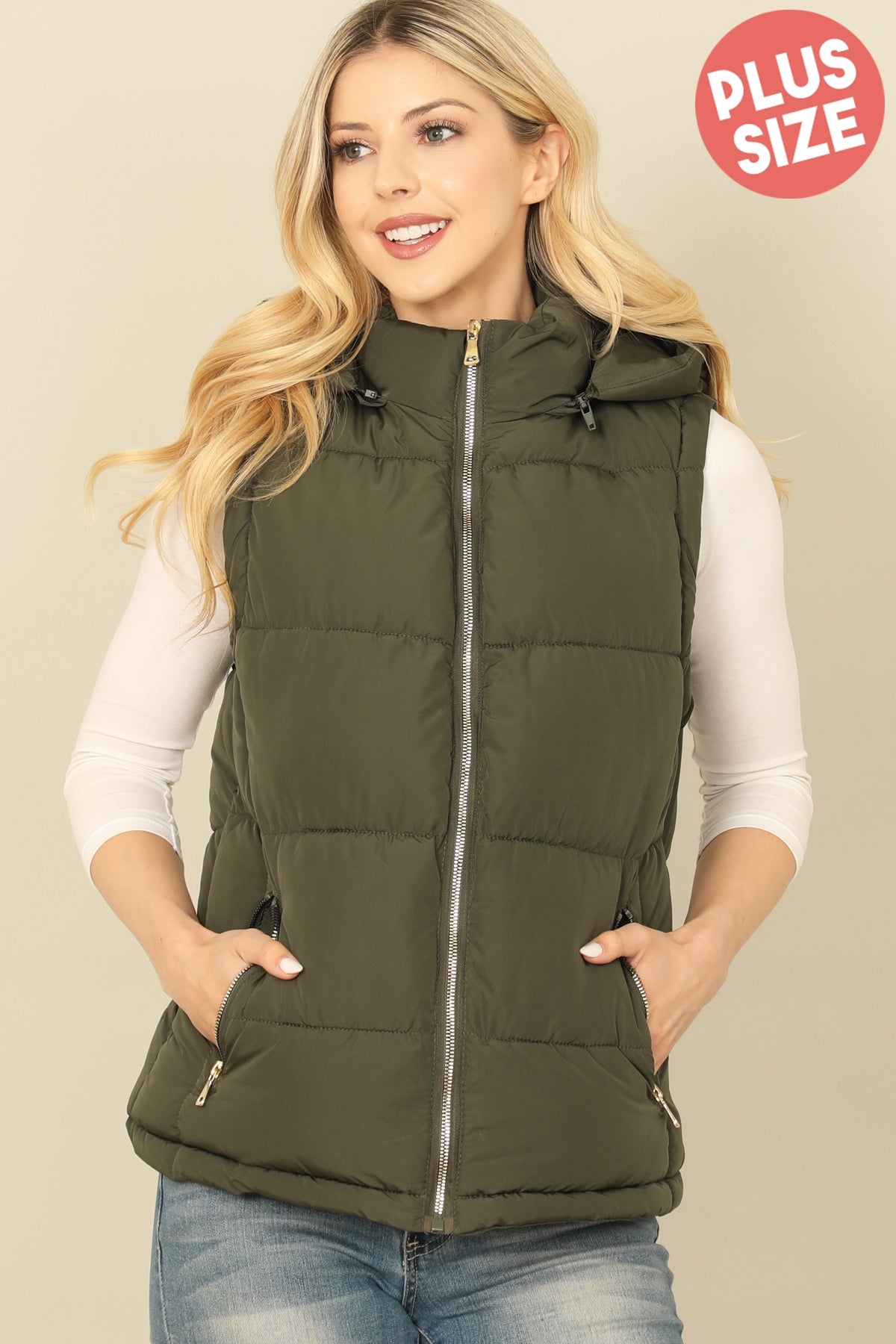 PLUS SIZE SLEEVELESS ZIP-UP WITH POCKET HOODIE PUFFER JACKET 1-1-1