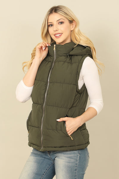 PLUS SIZE SLEEVELESS ZIP-UP WITH POCKET HOODIE PUFFER JACKET 1-1-1