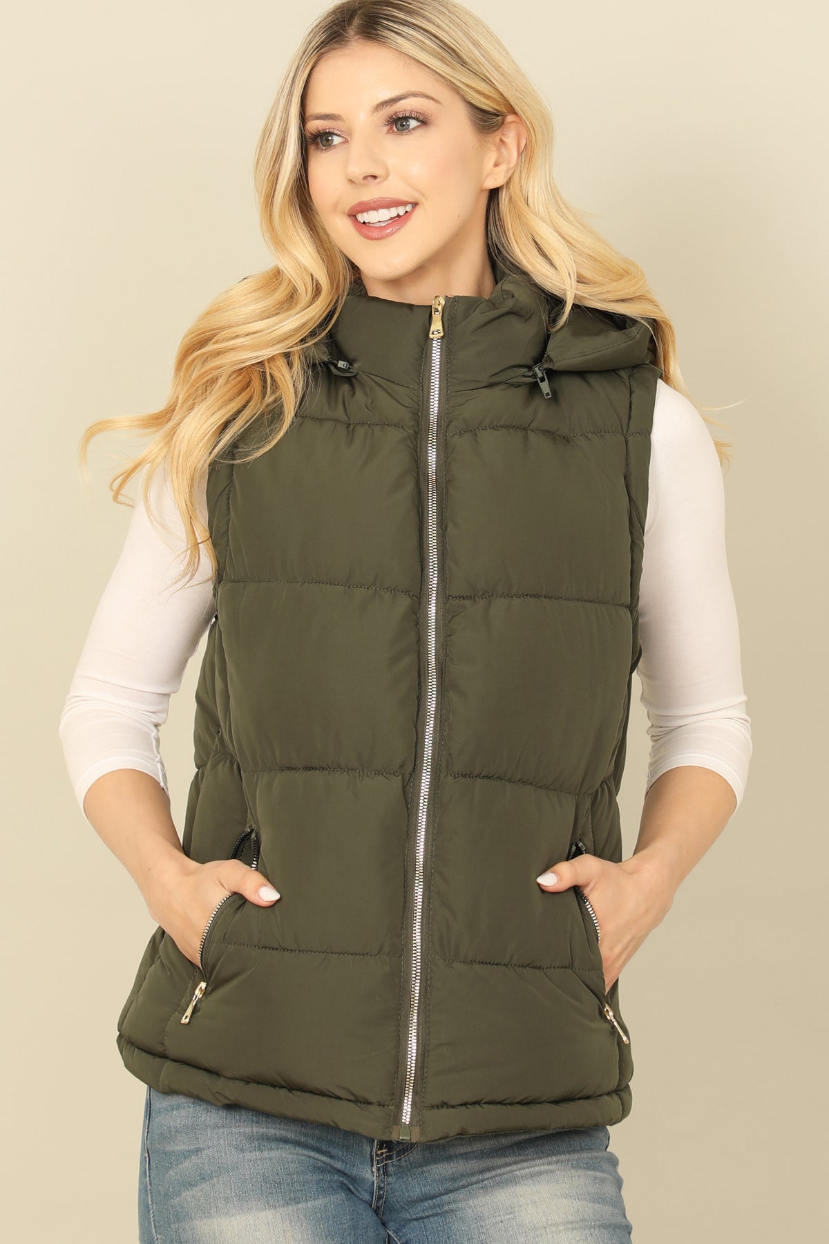 PLUS SIZE SLEEVELESS ZIP-UP WITH POCKET HOODIE PUFFER JACKET 1-1-1