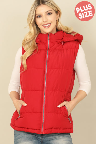 PLUS SIZE SLEEVELESS ZIP-UP WITH POCKET HOODIE PUFFER JACKET 1-1-1