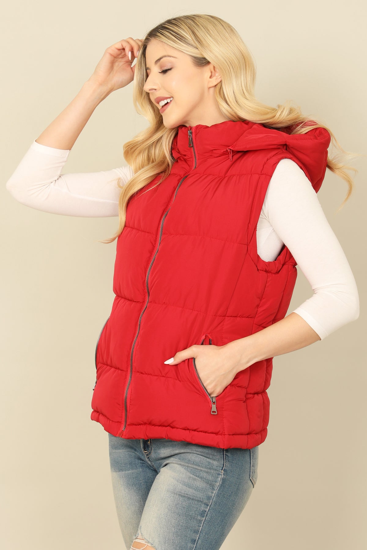 PLUS SIZE SLEEVELESS ZIP-UP WITH POCKET HOODIE PUFFER JACKET 1-1-1