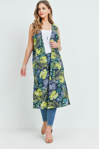 TROPICAL LEAVES PRINT KIMONO VEST