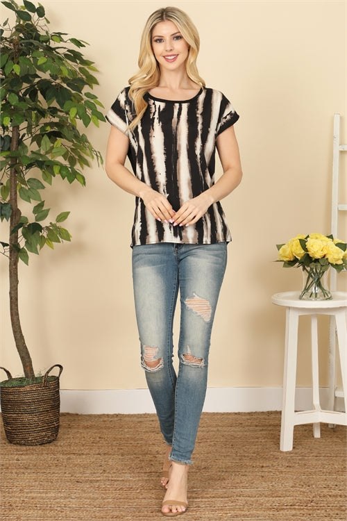 TO15086-SHORT SLEEVE KEYHOLE PRINTED TOP 2-3-2