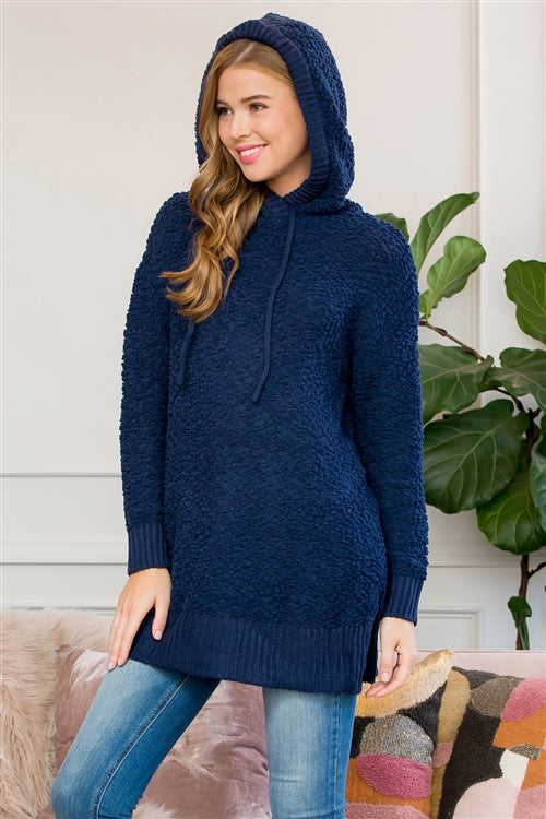 TW-1924-HOODED LONG SLEEVE POPCORN SWEATER WITH SIDE SLITS 2