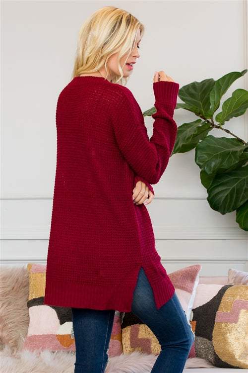 TW-1935- LONG SLEEVE ROUND NECK WAFFLE SWEATER SIDE SLIT 2