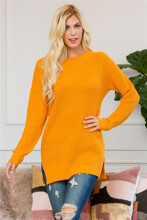 TW-1935-LONG SLEEVE ROUND NECK WAFFLE SWEATER SIDE SLIT-2-2-2