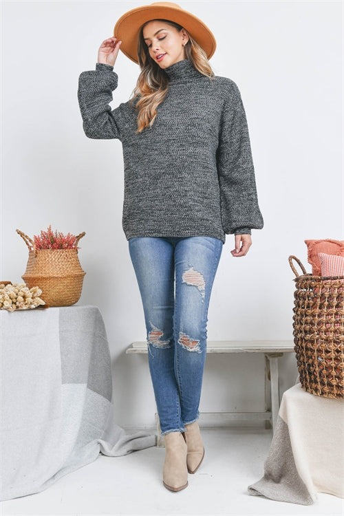 TW-21051-TURTLENECK MELANGE BALLOON SLEEVE SWEATER 2-0-2-3