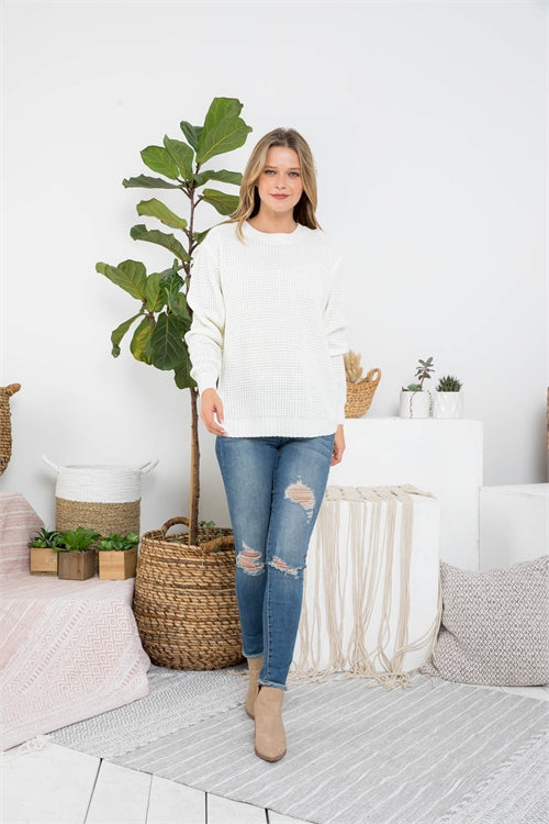TW-3416-HI-LOW LONG SLEEVE ROUND NECK WAFFLE SWEATER 1-0-0-0-1