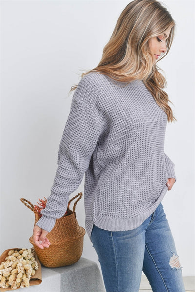 TW-3416-HI-LOW LONG SLEEVE ROUND NECK WAFFLE SWEATER 3-0-0-0-1