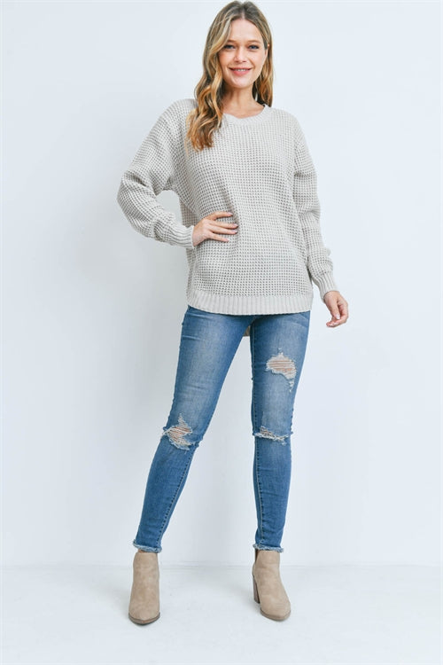 TW-3416-HI-LOW LONG SLEEVE ROUND NECK WAFFLE SWEATER 2-0-0-0-0
