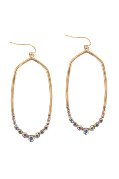 HEXAGON HAMMERED W/ PAVE RHINESTONE DROP FISH HOOK EARRINGS