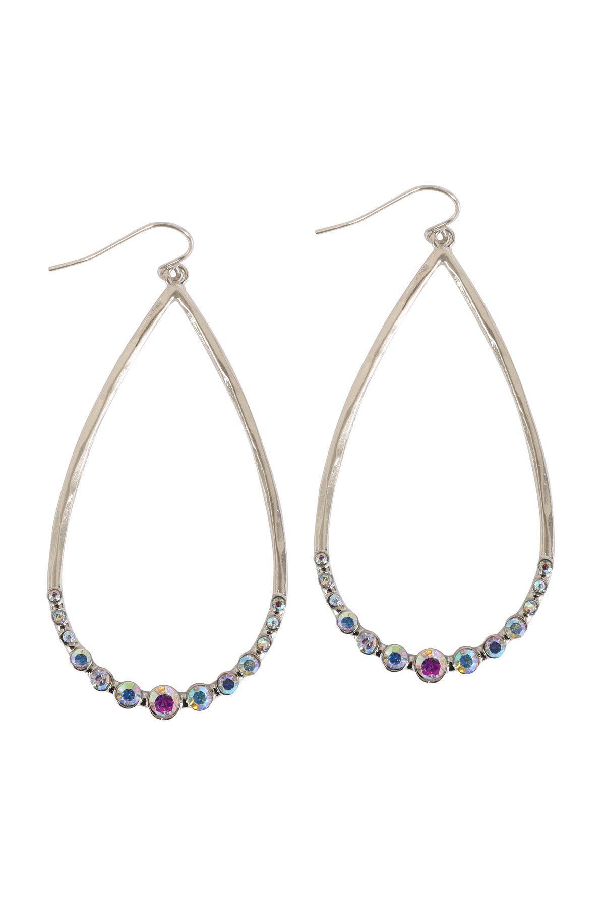 TEARDROP HAMMERED W/ PAVE RHINESTONE HOOK EARRINGS