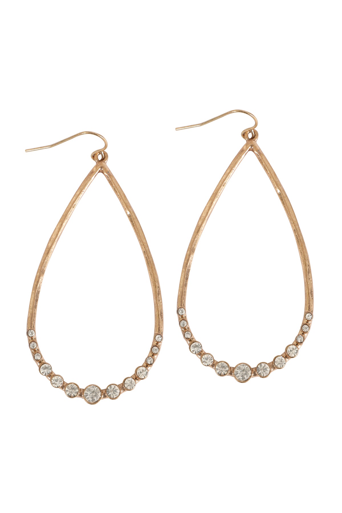 TEARDROP HAMMERED W/ PAVE RHINESTONE HOOK EARRINGS