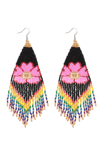 FLOWER SEED BEADS FRINGE BOHO FISH HOOK EARRINGS