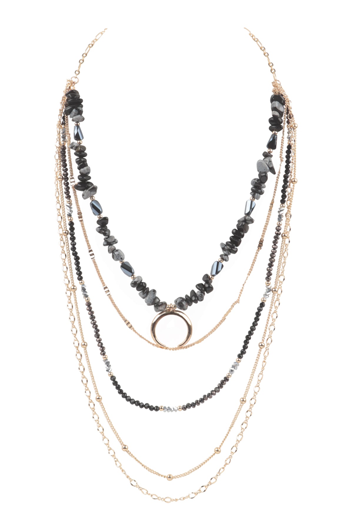 LAYERED CHAIN, NATURAL STONE CHIP MIX BEADS CRESCENT PENDANT NECKLACE