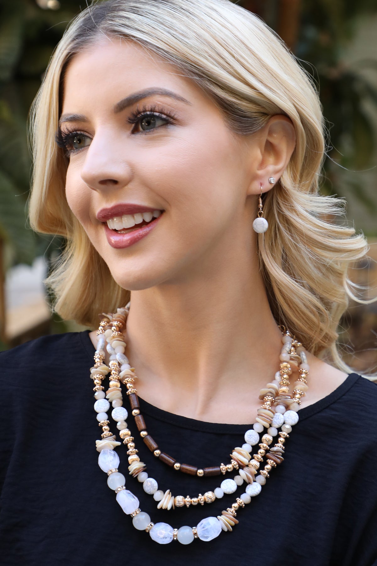 3 LINE LAYERED NATURAL STONE, MIX BEADS NECKLACE AND EARRINGS SET