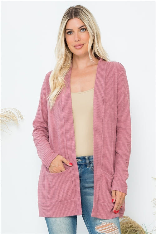 YMC30002V-BRUSHED WAFFLE LONG SLEEVE SIDE POCKET OPEN FRONT CARDIGAN 1-2-2-1